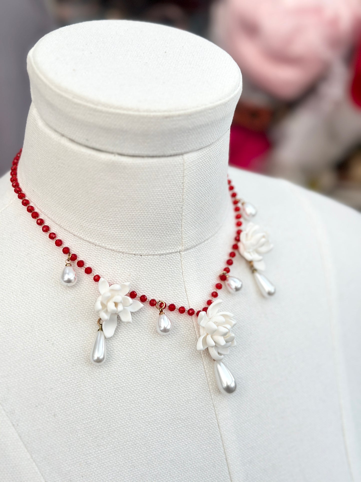 Trio Sampaguitas & Pearl Drops Choker Red Crystal Acrylic Necklace