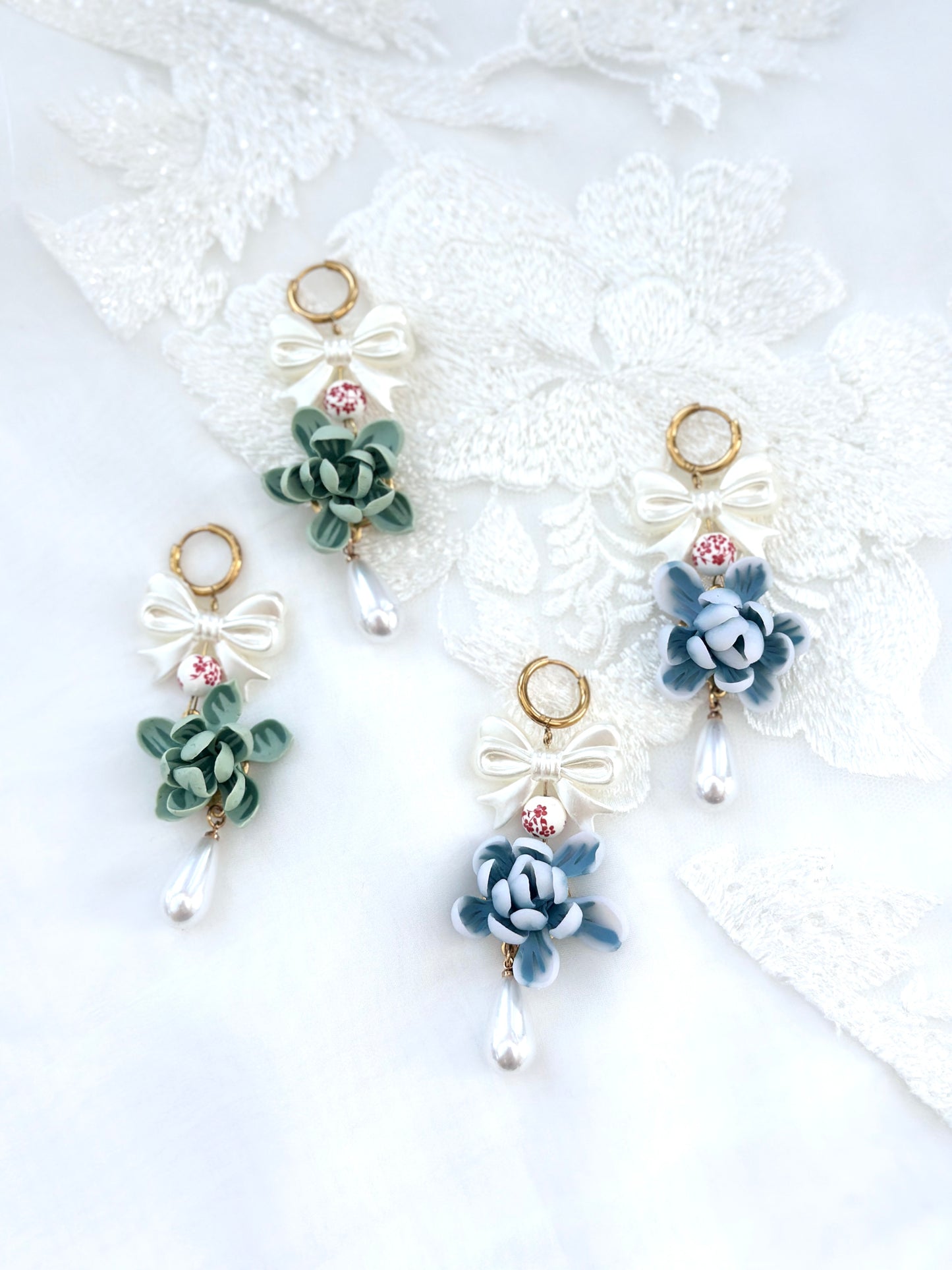Bow, Sampaguita, and Pearls Drop Earrings