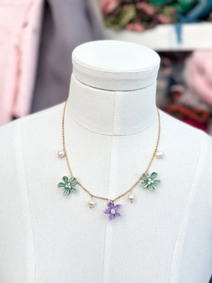 Dainty Purple & Green Sampaguita Necklace with Freshwater Pearls