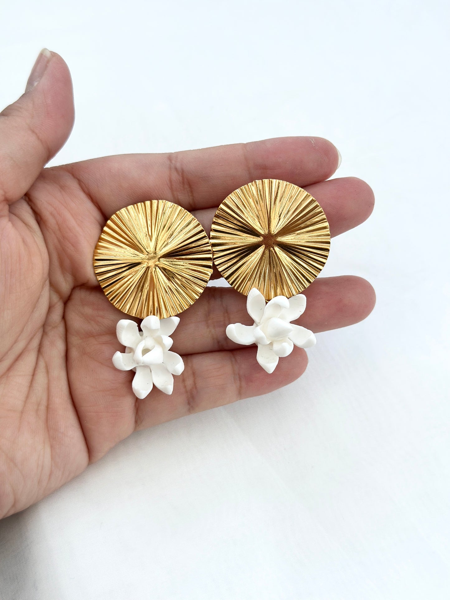 Gold Pleat Discs Sampaguita Studs