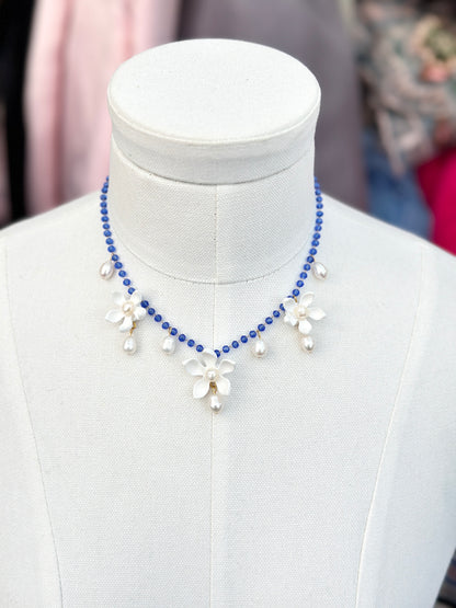 Trio Sampaguitas & Pearl Drops Choker Blue Crystal Acrylic Necklace