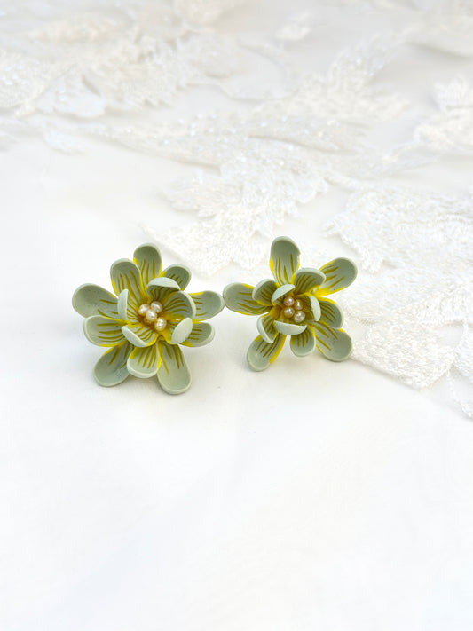 Sage Green and Yellow Sampaguita studs with seed pearls