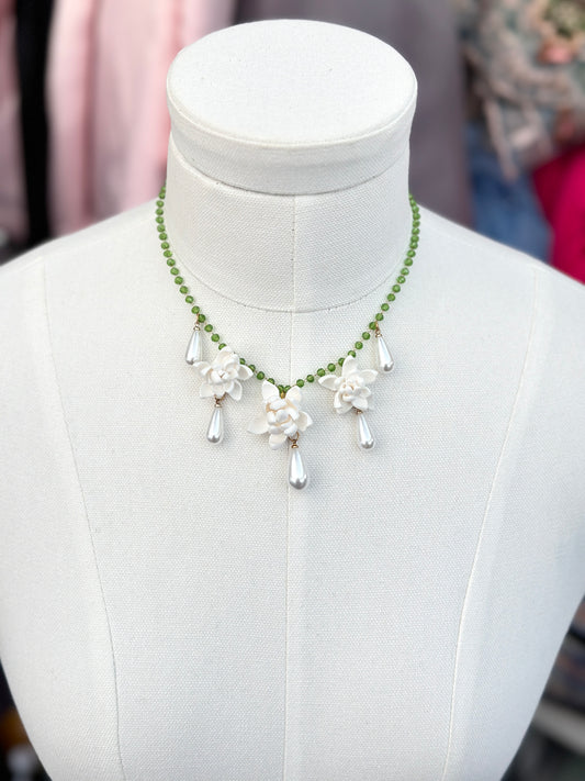 Trio Sampaguitas & Pearl Drops Choker Green Crystal Acrylic Necklace