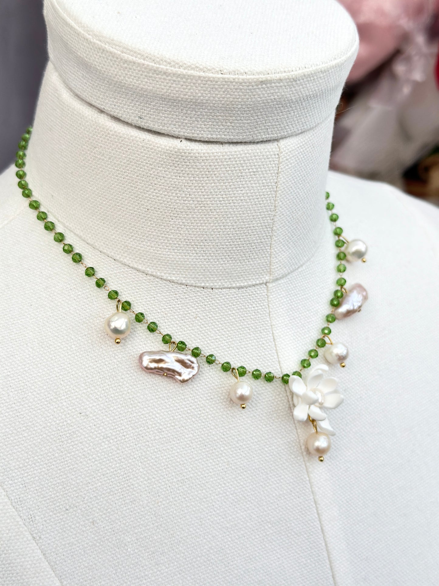 Sampaguita & Fresh Water Pearl Drops Choker Green Crystal Acrylic Necklace
