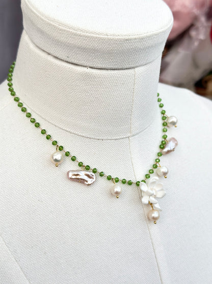 Sampaguita & Fresh Water Pearl Drops Choker Green Crystal Acrylic Necklace