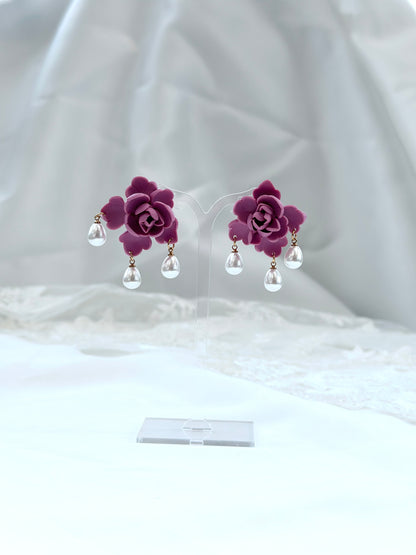 Mauve Pink Flower Pearl Chandelier Earrings