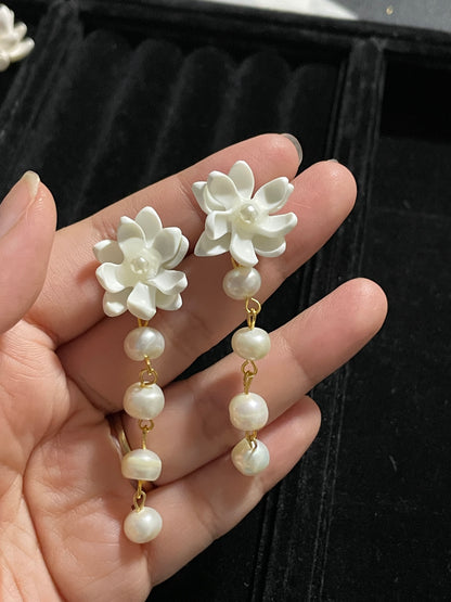 Sampaguita and Pearls Dangling Earrings