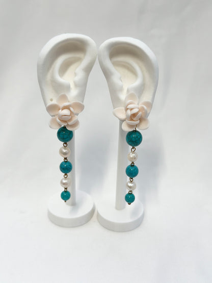 Sampaguita Pearl and Turquoise Dangle Stud Earrings