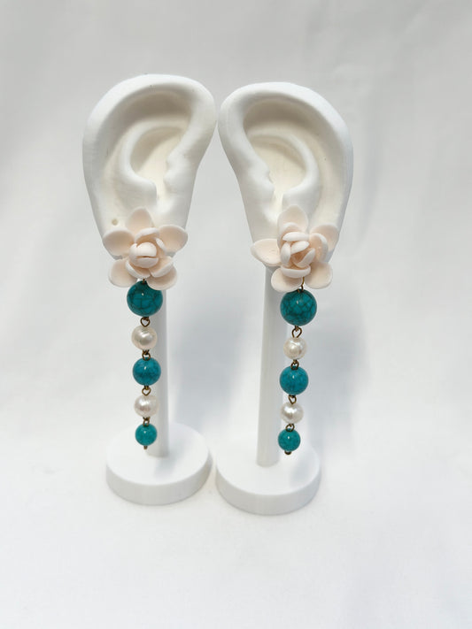 Sampaguita Pearl and Turquoise Dangle Stud Earrings