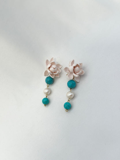 Sampaguita Pearl and Turquoise Dangle Stud Earrings