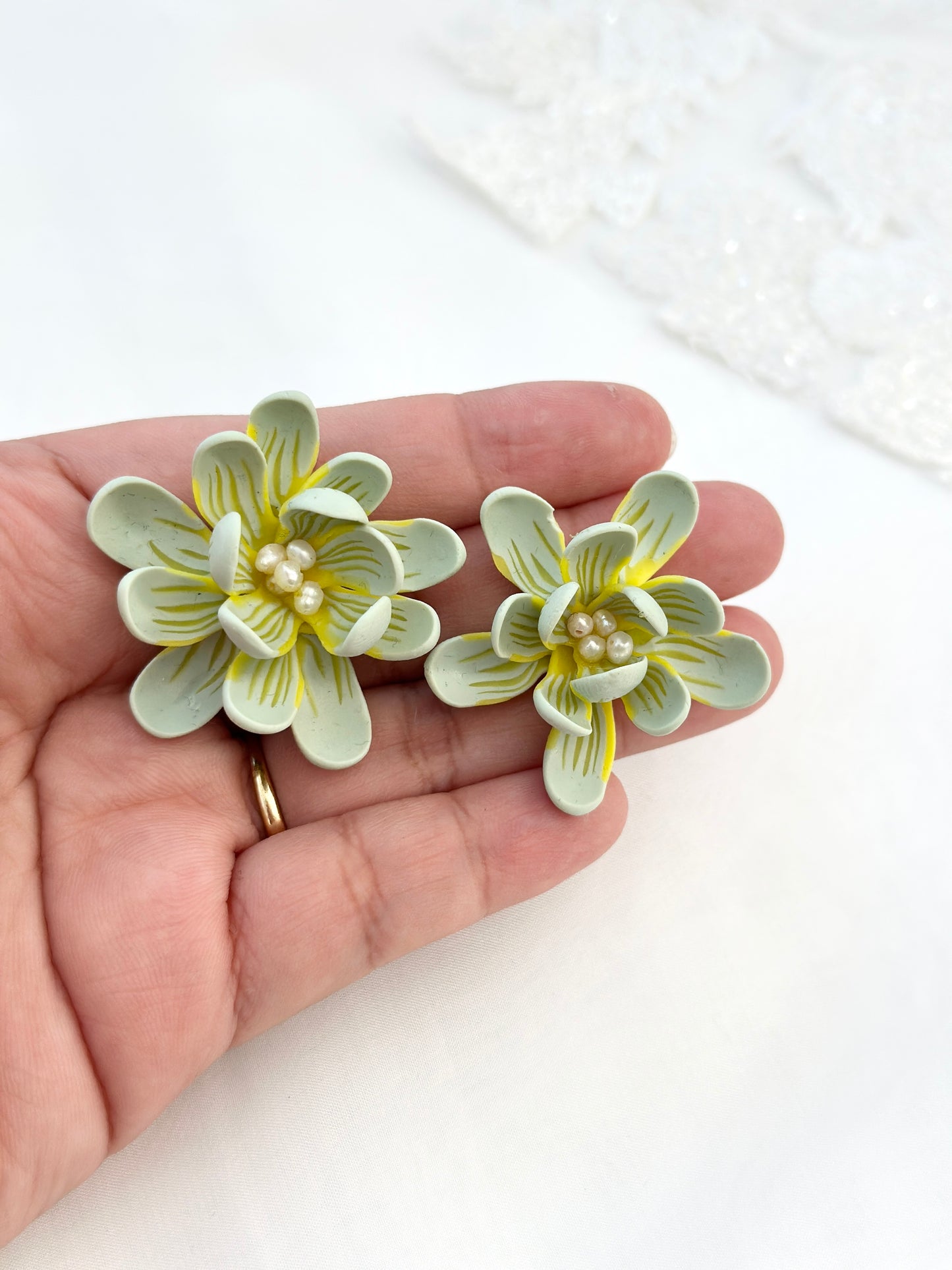 Sage Green and Yellow Sampaguita studs with seed pearls