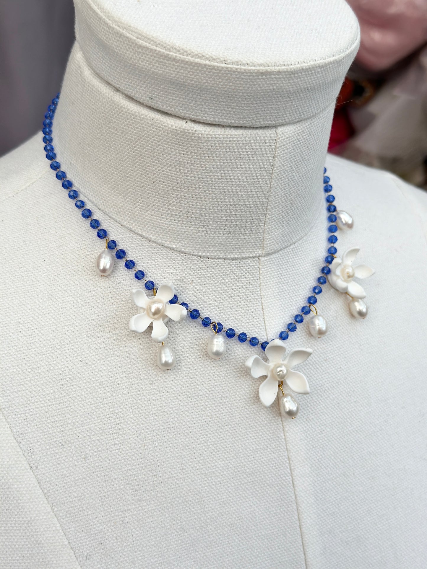 Trio Sampaguitas & Pearl Drops Choker Blue Crystal Acrylic Necklace