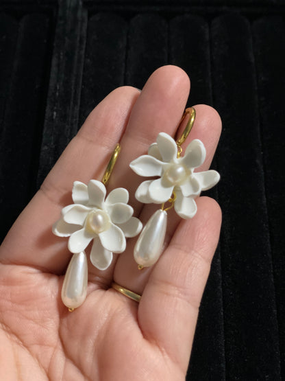 Gold Hoop Sampaguita with Pearl Dangling Earrings