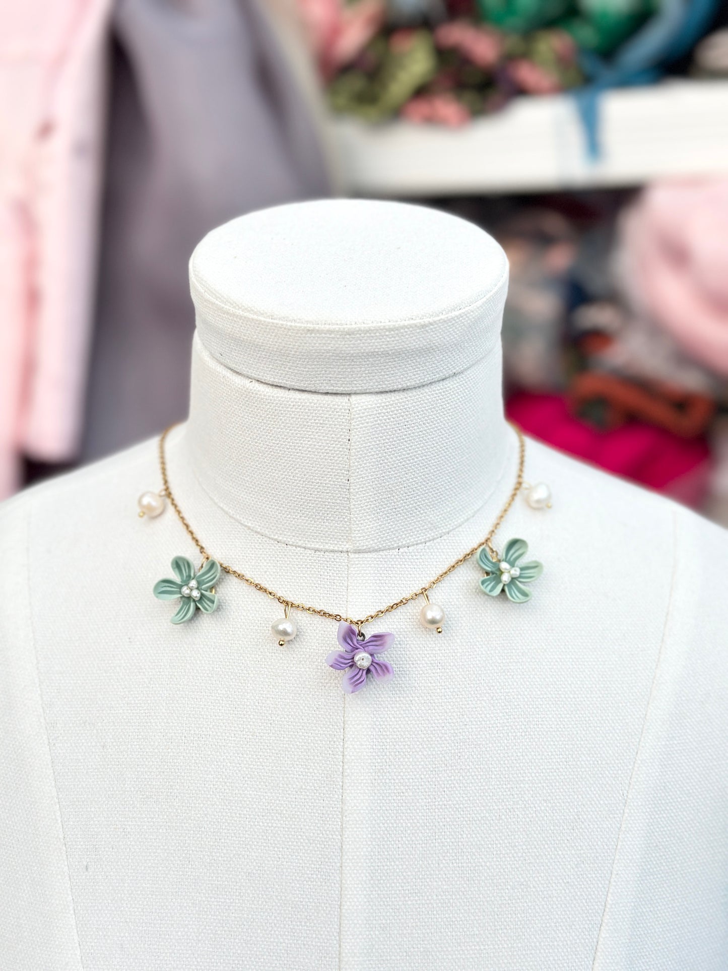 Dainty Purple & Green Sampaguita Necklace with Freshwater Pearls