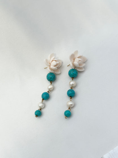 Sampaguita Pearl and Turquoise Dangle Stud Earrings