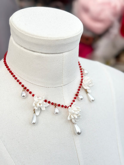 Trio Sampaguitas & Pearl Drops Choker Red Crystal Acrylic Necklace