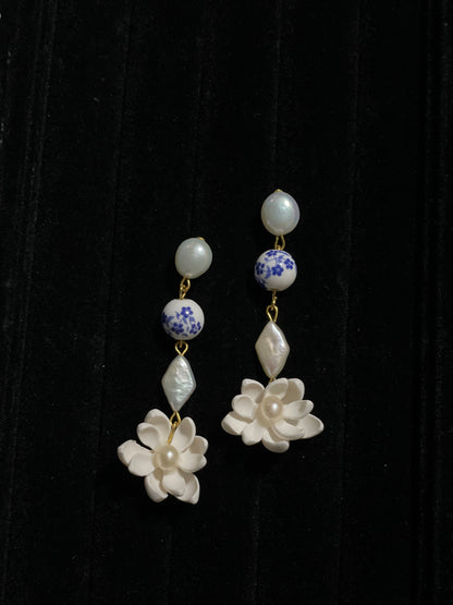 Sampaguita, Pearls, and Porcelain Dangling Earrings