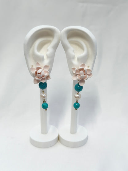 Sampaguita Pearl and Turquoise Dangle Stud Earrings