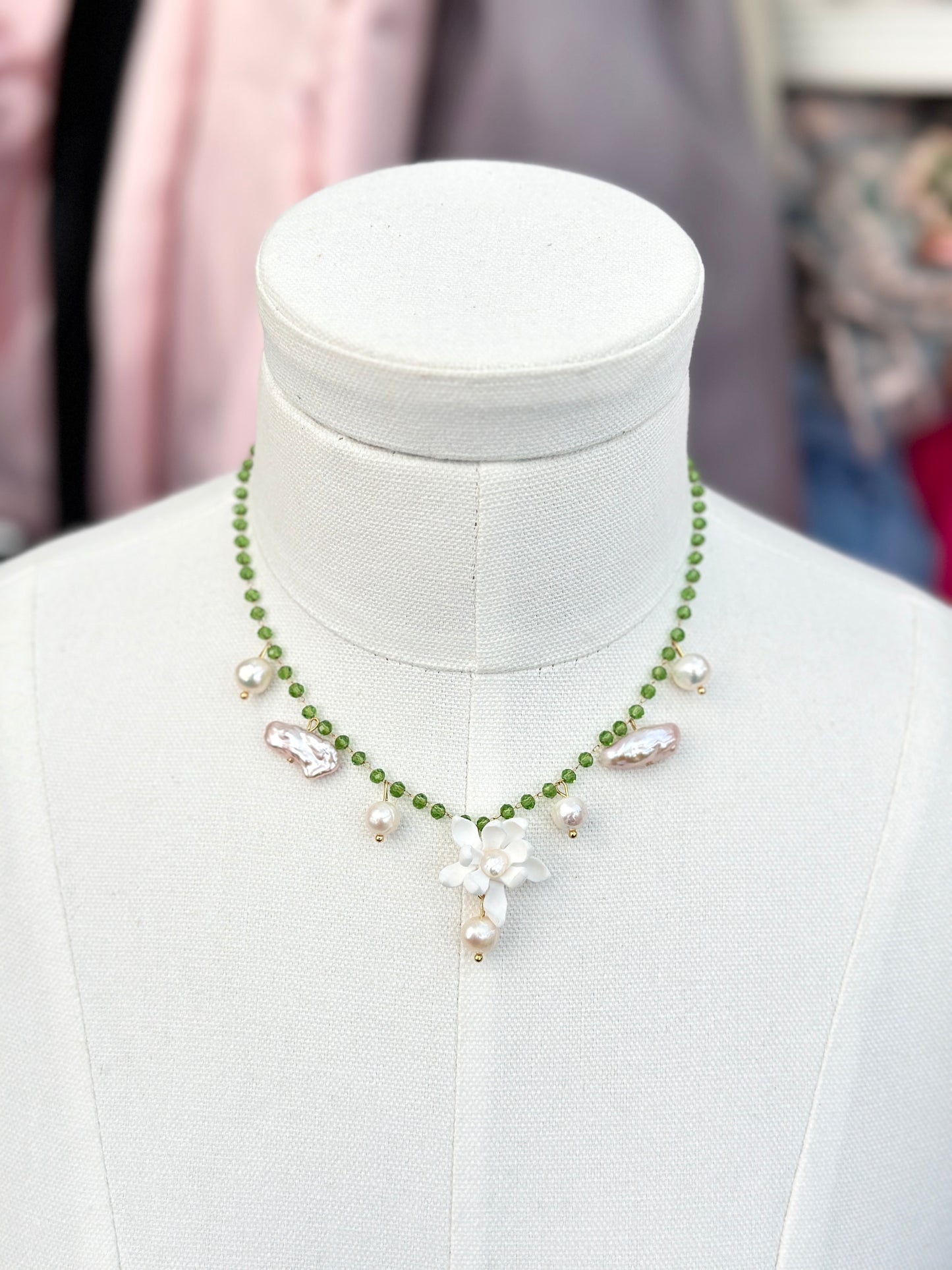 Sampaguita & Fresh Water Pearl Drops Choker Green Crystal Acrylic Necklace