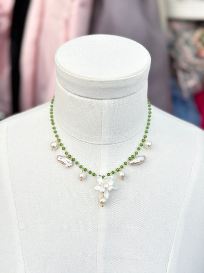 Sampaguita & Fresh Water Pearl Drops Choker Green Crystal Acrylic Necklace