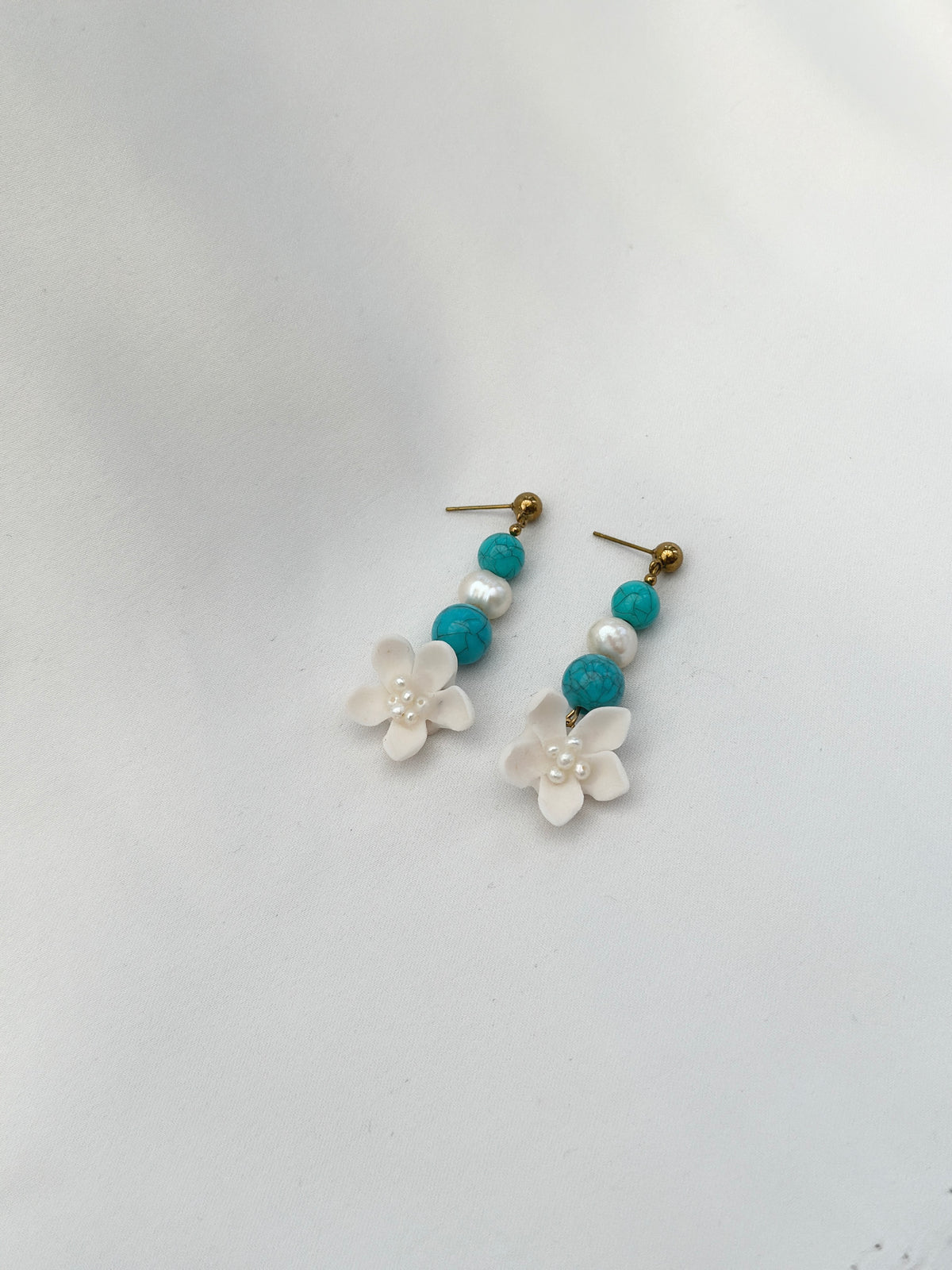 Sampaguita Pearl and Turquoise Dangle Stud Earrings