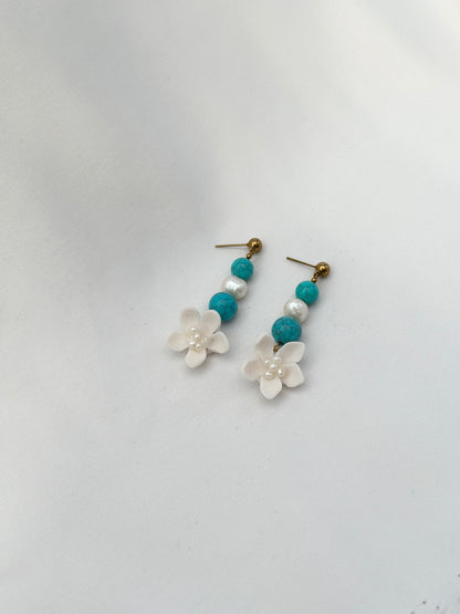 Sampaguita Pearl and Turquoise Dangle Stud Earrings