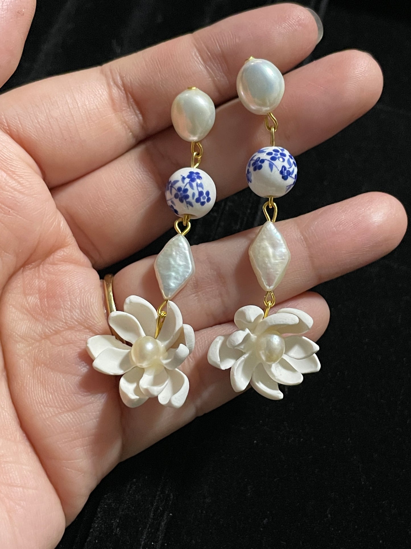 Sampaguita, Pearls, and Porcelain Dangling Earrings