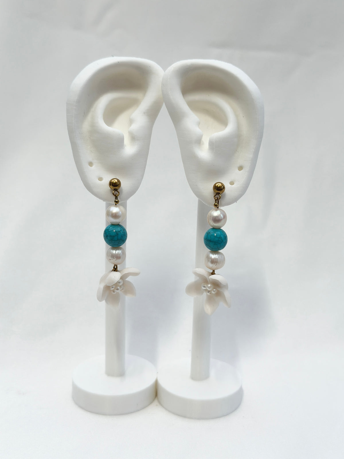 Sampaguita Pearl and Turquoise Dangle Stud Earrings