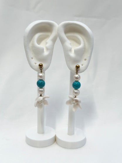 Sampaguita Pearl and Turquoise Dangle Stud Earrings