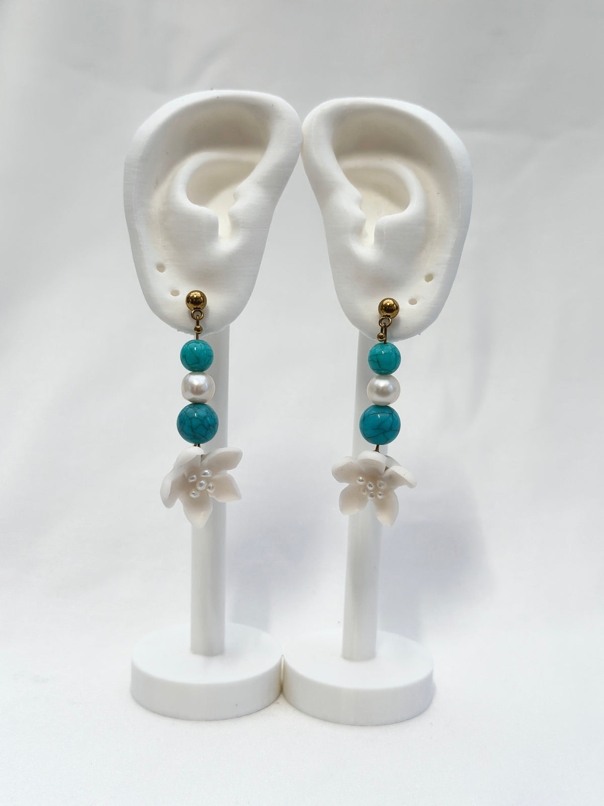 Sampaguita Pearl and Turquoise Dangle Stud Earrings