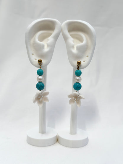 Sampaguita Pearl and Turquoise Dangle Stud Earrings