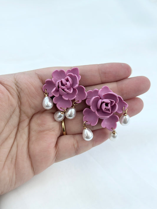 Mauve Pink Flower Pearl Chandelier Earrings