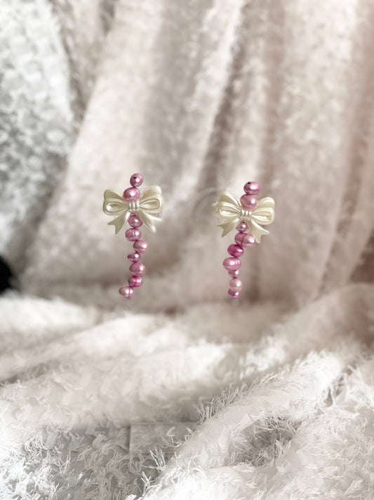 Cute Bow Pearl Earrings in Ube Pink