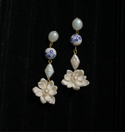 Sampaguita, Pearls, and Porcelain Dangling Earrings