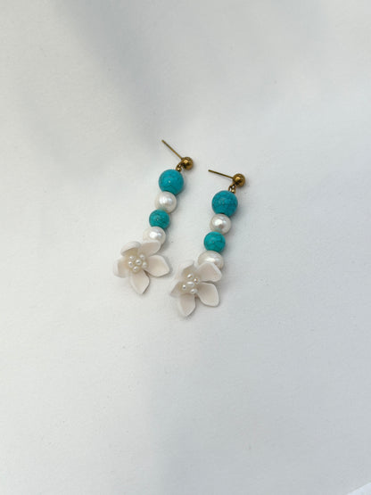 Sampaguita Pearl and Turquoise Dangle Stud Earrings