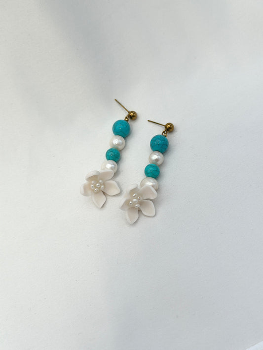Sampaguita Pearl and Turquoise Dangle Stud Earrings