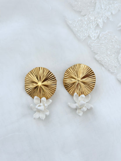 Gold Pleat Discs Sampaguita Studs