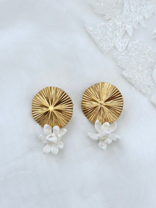 Gold Pleat Discs Sampaguita Studs