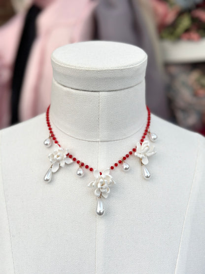 Trio Sampaguitas & Pearl Drops Choker Red Crystal Acrylic Necklace