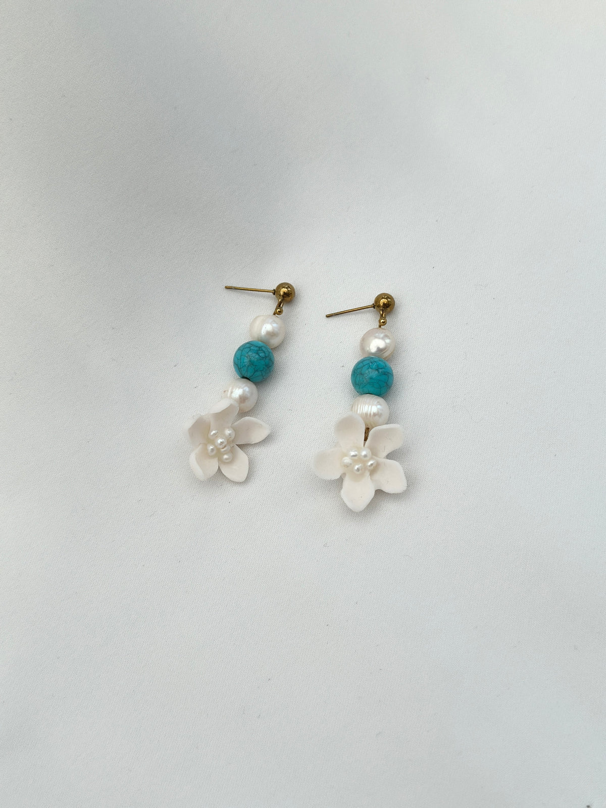 Sampaguita Pearl and Turquoise Dangle Stud Earrings