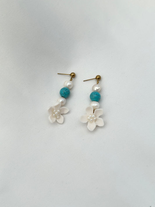 Sampaguita Pearl and Turquoise Dangle Stud Earrings