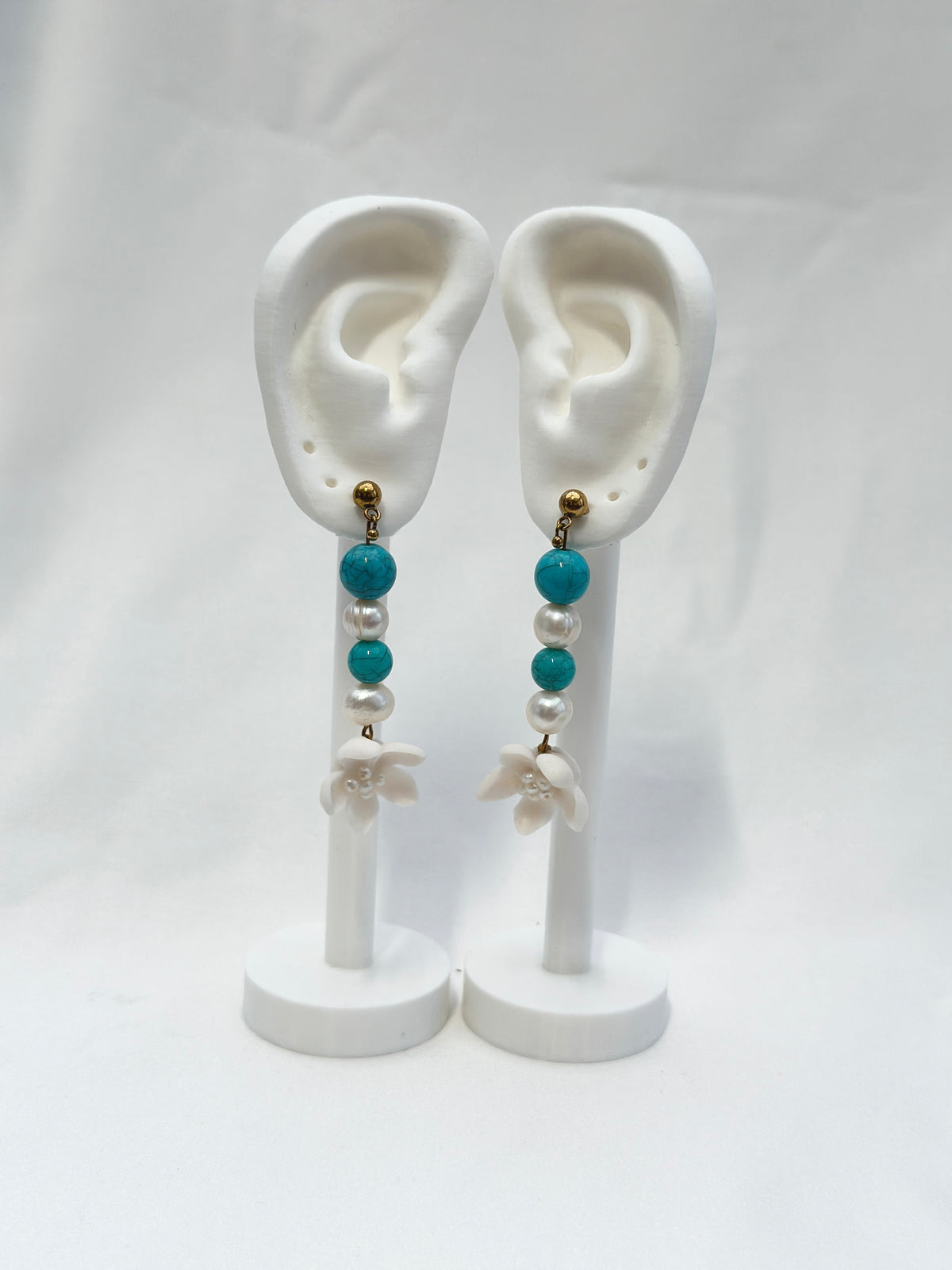 Sampaguita Pearl and Turquoise Dangle Stud Earrings