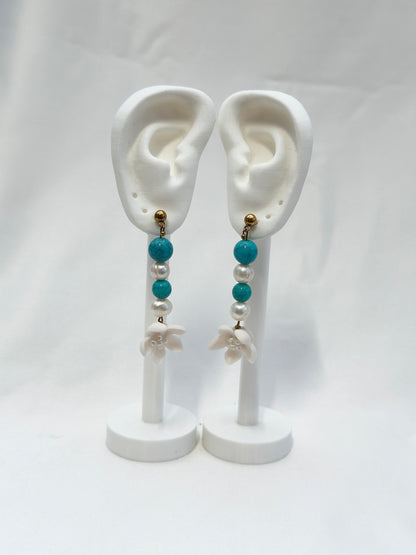 Sampaguita Pearl and Turquoise Dangle Stud Earrings