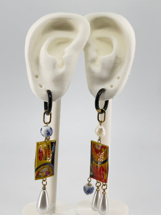 Pancit Canton Pearl and Porcelain Mismatched Hoop Earrings