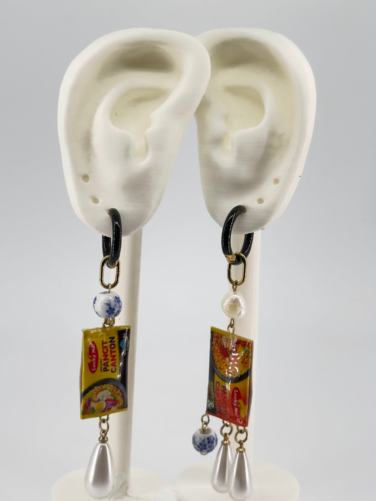 Pancit Canton Pearl and Porcelain Mismatched Hoop Earrings