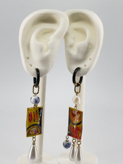 Pancit Canton Pearl and Porcelain Mismatched Hoop Earrings