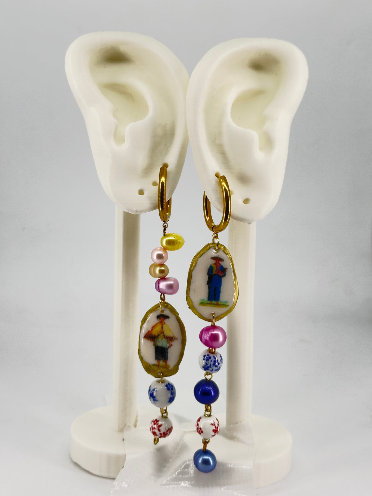 Sabungero and Manong Porcelain and Pearl Hoop Earrings