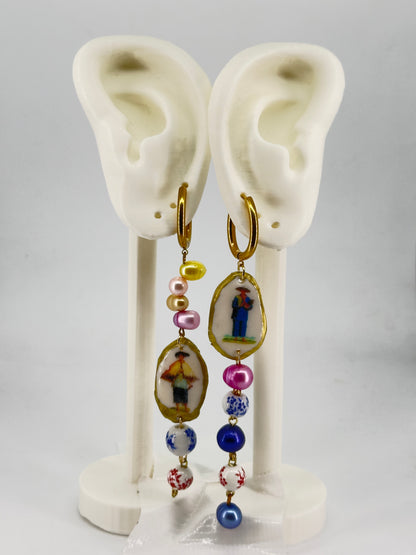 Sabungero and Manong Porcelain and Pearl Hoop Earrings