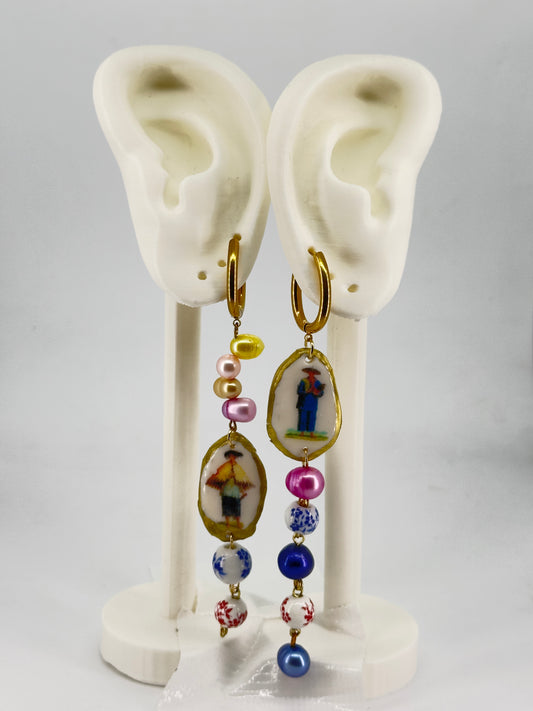 Sabungero and Manong Porcelain and Pearl Hoop Earrings
