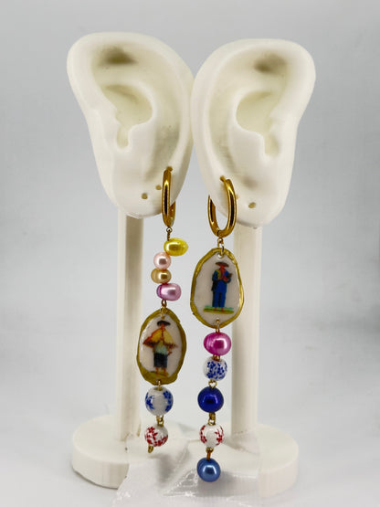Sabungero and Manong Porcelain and Pearl Hoop Earrings